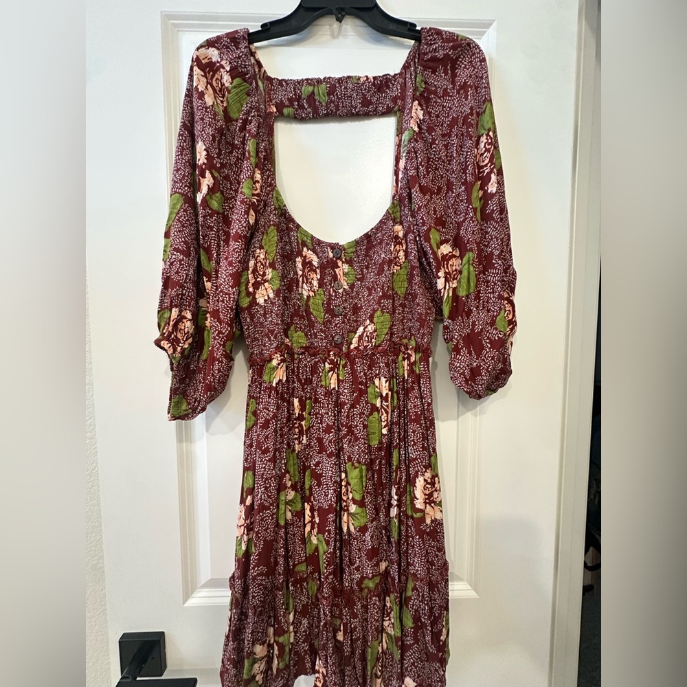 Free People Mini Dress Floral Burgundy Dress with Green Accents size L